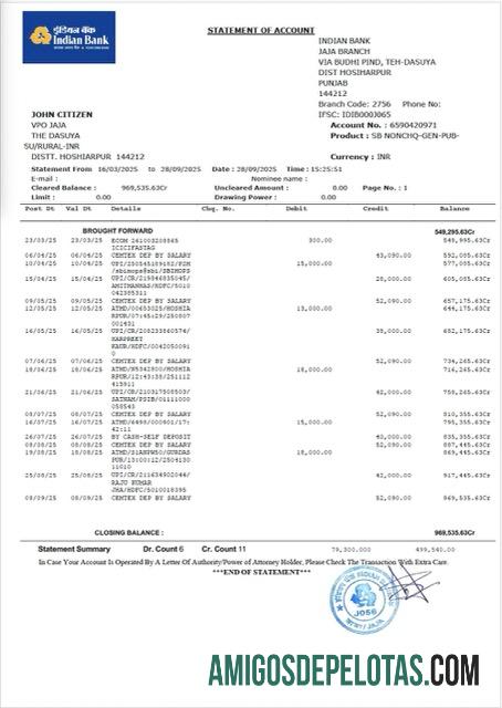 Extrato bancário indiano para impressão, modelo Word e PDF